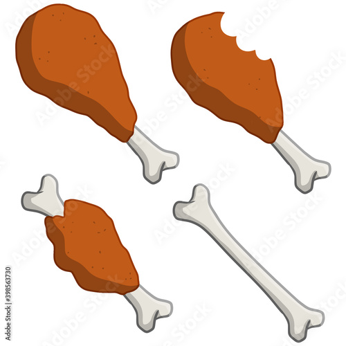Piece of fried chicken leg. Delicious and fatty foods. Bitten meat with bone. Eaten meal. Brown Food debris and scraps. Cartoon flat illustration