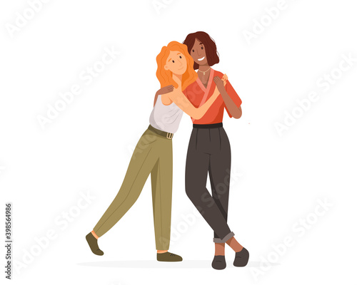 Vector illustration, happy cartoon lesbian couple isolated on white background. Same sex relationship, lgbt family. Cute homosexual women standing together and hugging.