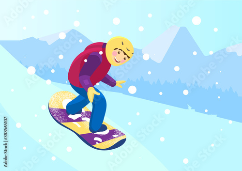 Vector cartoon illustration of kid in helmet snowboarding in snowy mountains. Winter sport.