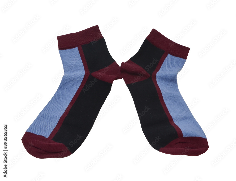 pair of multicolored socks laid out and isolated on white background pair of multicolored socks laid out and isolated on white background