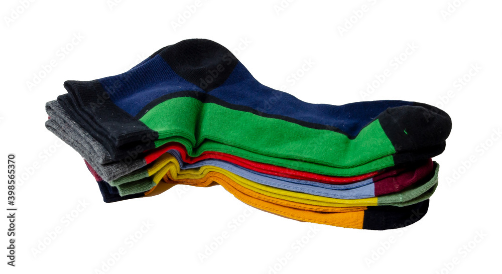 a lot of multicolored socks laid out and isolated on a white background a lot of multicolored socks laid out and isolated on a white background