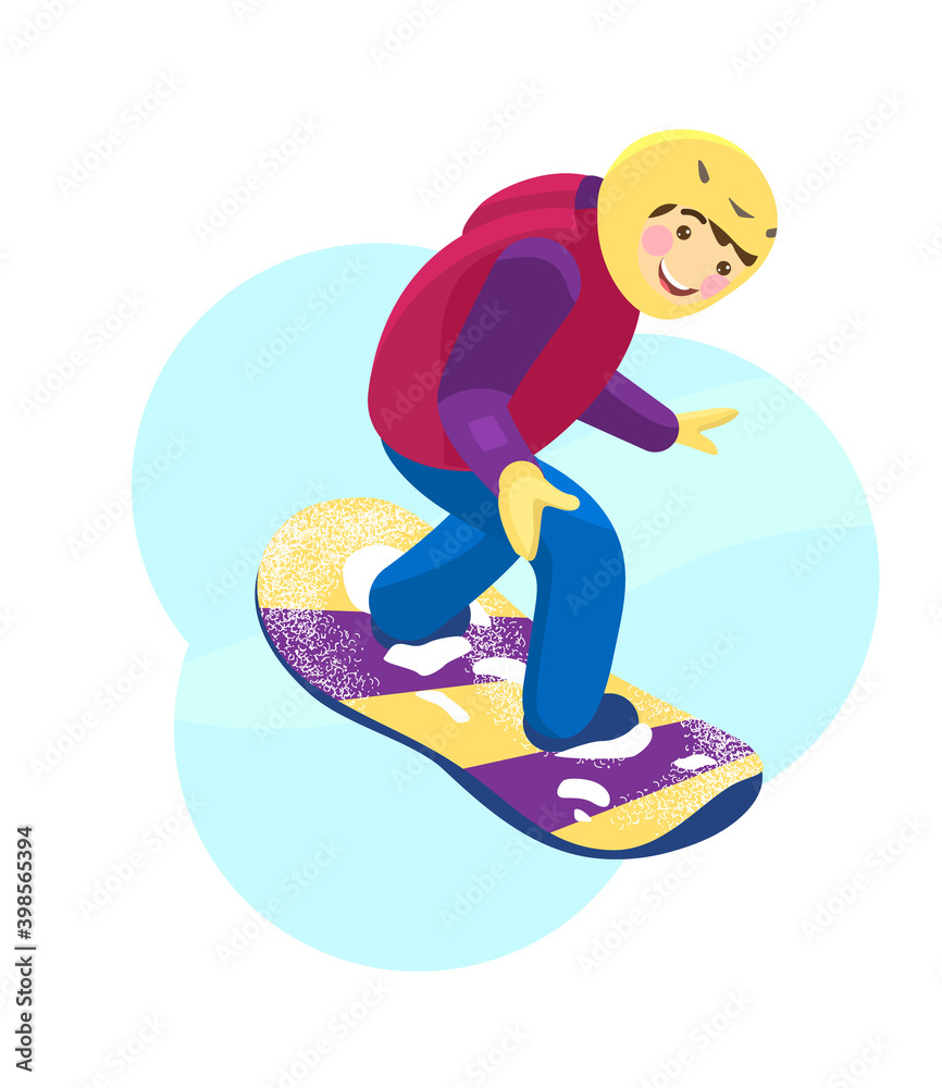 Vector cartoon illustration of kid in helmet snowboarding. Winter sport. Vector cartoon illustration of kid in helmet snowboarding. Winter sport.