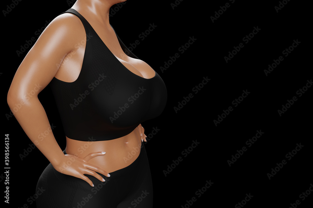Fototapeta premium Young slim woman with big breasts in black sportswear
