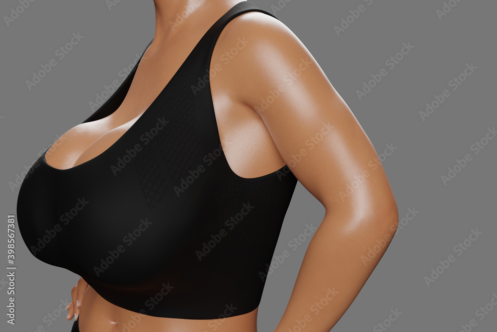 Young slim woman with big breasts in black sportswear Stock