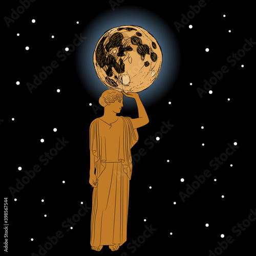 Isolated vector illustration. Standing ancient Greek woman or goddess holding full moon in starry night. Selene or Nyx. Muse Urania.