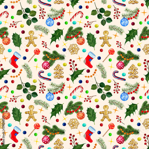 Seamless pattern of Christmas elements. Watercolour illustration of hand painted. Holiday ornamental decorations for the happy new year. Design element of fabric, background,wrapping paper.