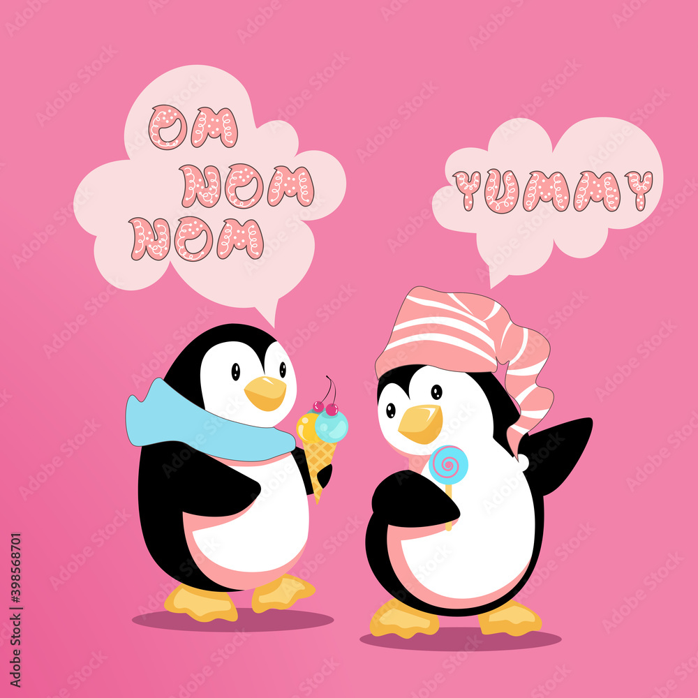 Fototapeta premium Cute cartoon penguins enjoy sweet treats and go chatting. Ice cream and lolli pop are delicious. Vector illustration on pink background.