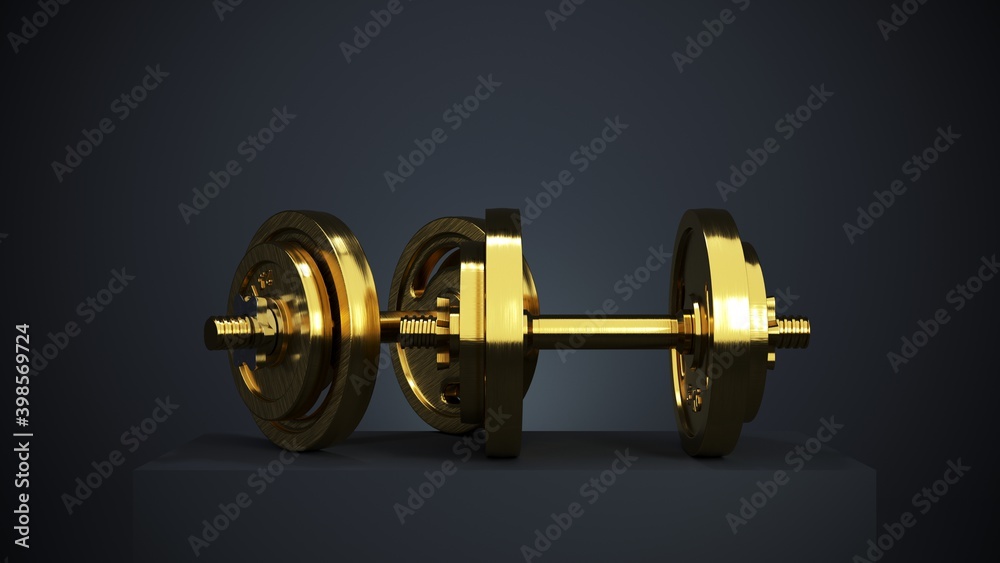 3d rendering, Two gold professional dumbbells for fitness and bodybuilding on black background 3d rendering, Two gold professional dumbbells for fitness and bodybuilding on black background