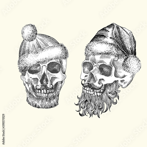 Set Hand drawn sketch human skull with santa hat and fur scarf. Black graphic Engraving art isolated on white background. Alternative Christmas and New Year vintage style. Vector illustration