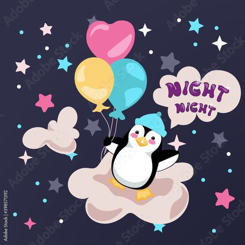 Good night card with a cute little penguin flying high up in the sky among clouds and stars. Vector illustration with a drowsy childish mood. 
