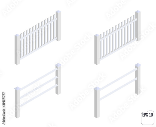 Isometric white fence sections. Fencing constructor.