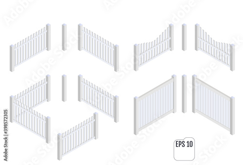 Isometric white fence sections. Vector