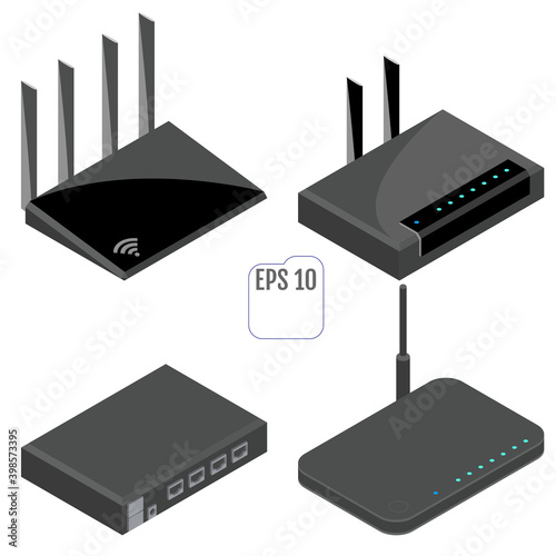 Router isometric icons set. Vector