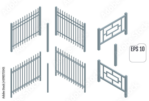 Isometric Metal fence sections. Vector