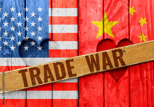 Wooden window shutters with USA and China flags