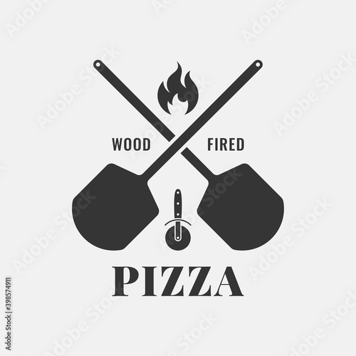 Pizza logo with oven shovel. Wood fired pizza