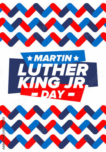 Martin Luther King, Jr. Day. Celebrated annual in United States in January, federal holiday. African American Rights Fighter. Patriotic american elements. Poster, card, banner, background. Vector