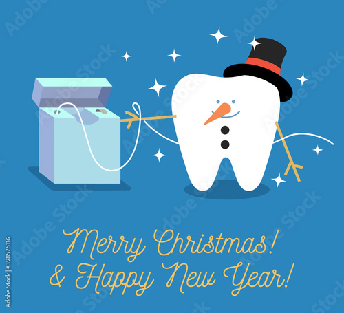 Tooth Snowman. Christmas greeting card from a dentist. Cartoon tooth with dental floss. Merry Christmas and a Happy New Year!