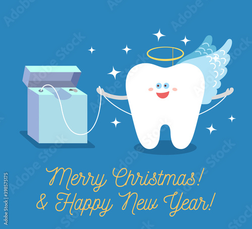 Greeting card from dentistry. Merry Christmas and a Happy New Year! Cartoon tooth Angel with dental floss.
