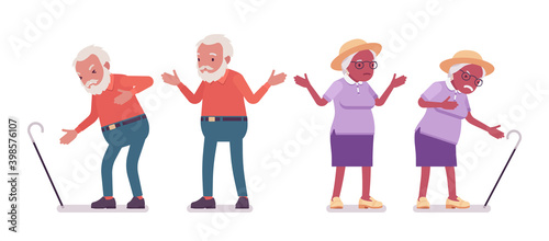 Old man, woman elderly person with cane having heart ache. Senior citizens over 65 years, retired grandparent, old age pensioner. Vector flat style cartoon illustration isolated on white background