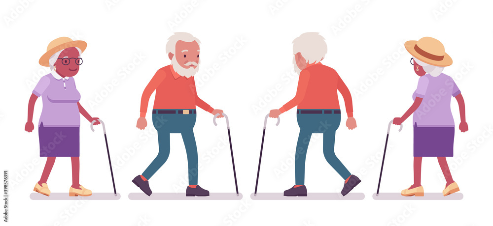 Fototapeta premium Old man, woman elderly person with walking cane. Senior citizens over 65 years, retired grandparent, old age pensioner. Vector flat style cartoon illustration isolated on white background