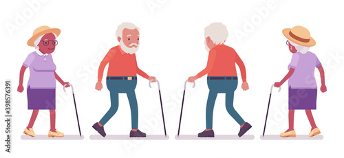 Old man, woman elderly person with walking cane. Senior citizens over 65 years, retired grandparent, old age pensioner. Vector flat style cartoon illustration isolated on white background