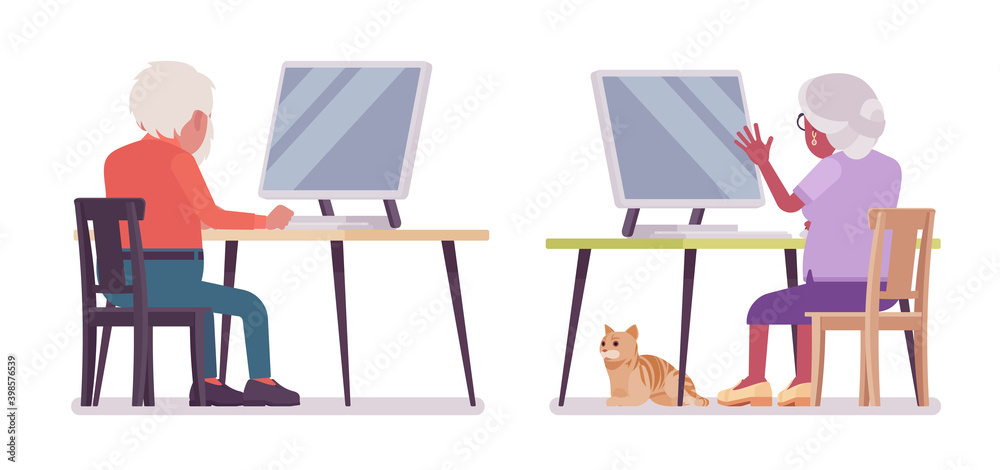 Old man, woman elderly person using a personal computer. Senior citizens over 65 years, retired grandparent, old age pensioner. Vector flat style cartoon illustration isolated on white background