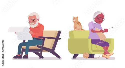 Old man, woman elderly person sitting in an armchair. Senior citizens over 65 years, retired grandparent, old age pensioner. Vector flat style cartoon illustration isolated on white background