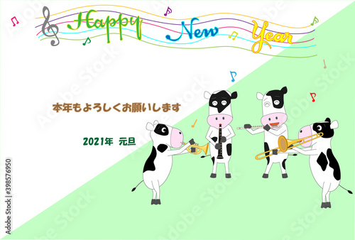 令和三年の新年を祝ってコンサートを開催している牛たちの年賀状のテンプレート。 © shin28
