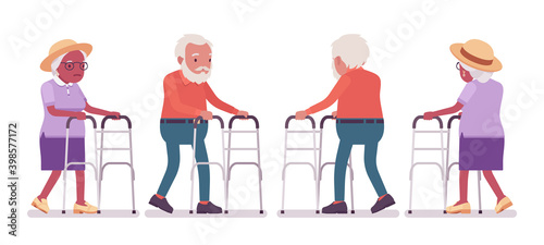 Old man, woman elderly person with medical walker. Senior citizens over 65 years, retired grandparent, old age pensioner. Vector flat style cartoon illustration isolated on white background