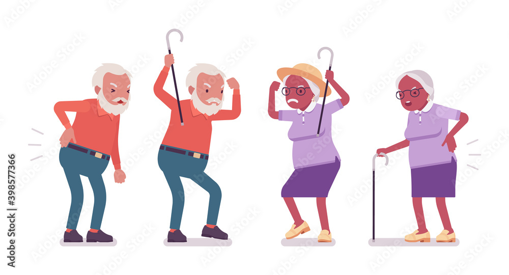 Old man, woman elderly person with cane having back ache. Senior citizens over 65 years, retired grandparent, old age pensioner. Vector flat style cartoon illustration isolated on white background Old man, woman elderly person with cane having back ache. Senior citizens over 65 years, retired grandparent, old age pensioner. Vector flat style cartoon illustration isolated on white background