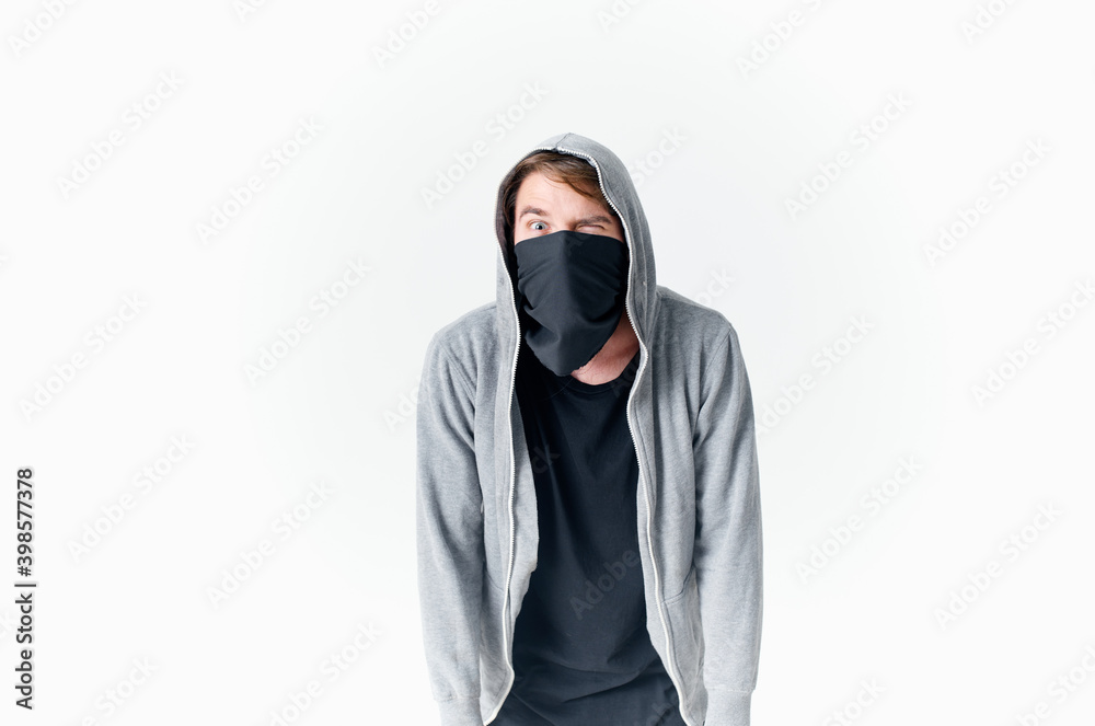 masked man in mask with hood emotions theft isolated background masked man in mask with hood emotions theft isolated background