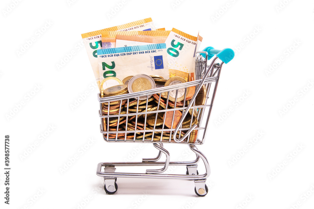 isolated shopping cart with cash coins