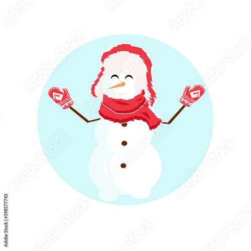 Christmas decorated snowman with gloves, scarf and earflaps in the wind on the stacker