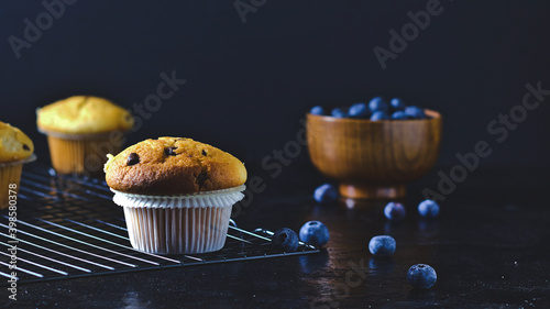 muffins o magdalenas de arándanos con un fondo oscuro photo
