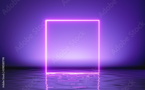 3d render, abstract geometric background, glowing pink neon square frame and reflection in the water. Minimal futuristic blank showcase scene for product presentation