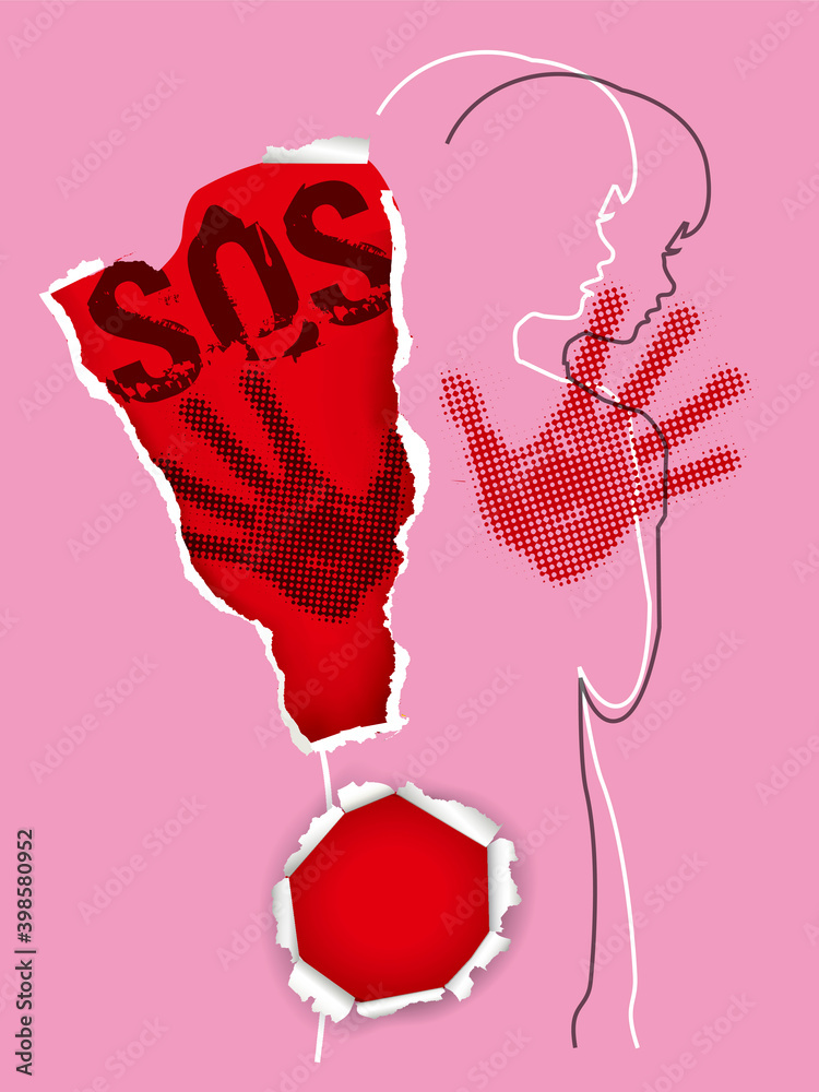 Girl,victim of domestic violence. Exclamation mark symbol torn out in