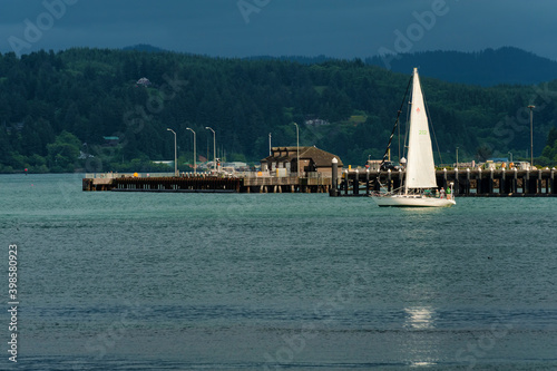Sail boats on bay in Newport on the Oregon Coast photo