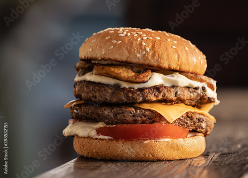 Fresh tasty burger.  Homemade burger on a dark background.