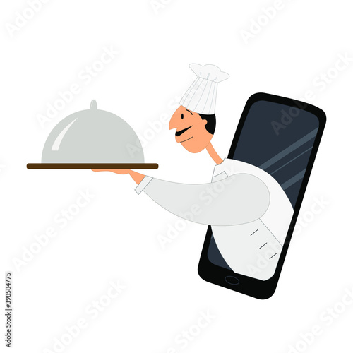 The concept of online food ordering. An illustration of a chef with a dish appearing from a smartphone. App for restaurants and cafe