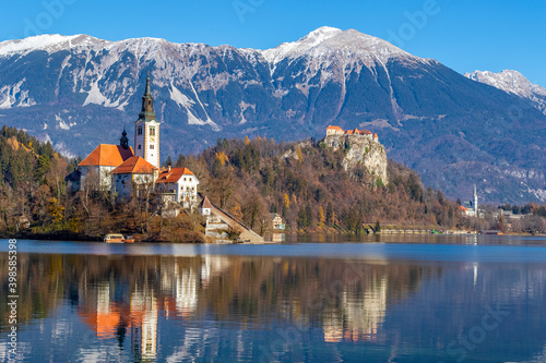 Bled lake in autumn, scenic view of Bled Island and Bled castle