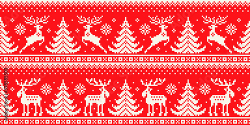Christmas Pixel Pattern with Deers and Elks in the Winter Forest. Traditional Nordic Seamless Striped Ornament. Scheme for Knitted Sweater Pattern Design.