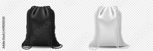 Pouch drawstring bag, sport bags for cloth and shoes. Backpack set on isolated background. Template or mockup realistic vector.