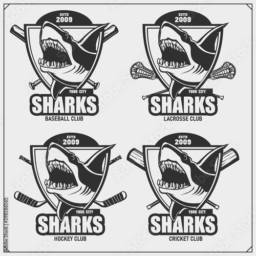 Baseball, lacrosse, cricket and hockey logos and labels. Sport club emblems with shark. Print design for t-shirt.