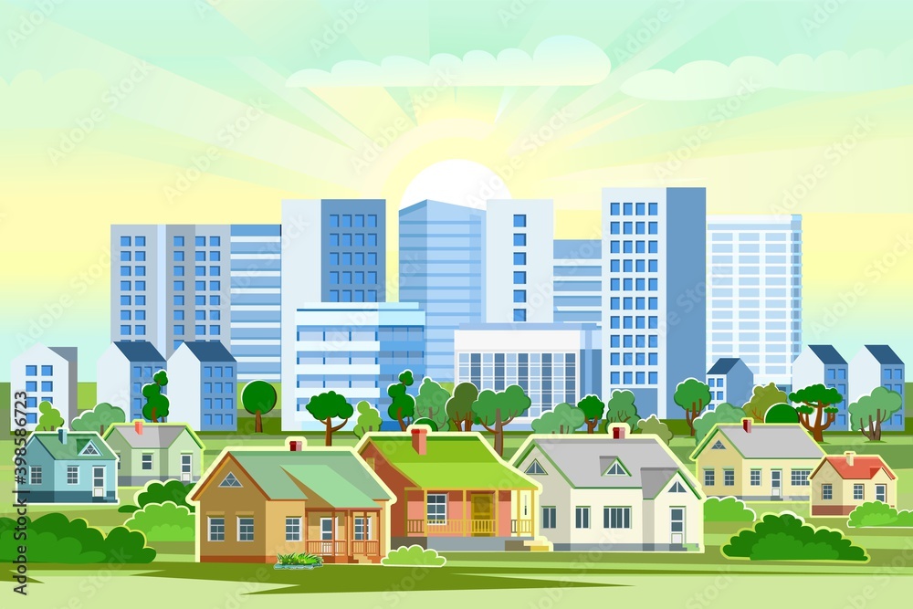 A village in the suburbs of a big city. Cityscape and sky. High-rise buildings, skyscrapers and high-rise buildings. Green park area. Flat style. Vector