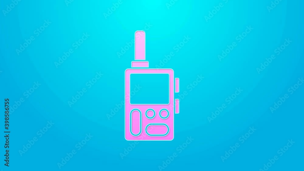 Pink line Walkie talkie icon isolated on blue background. Portable radio transmitter icon. Radio transceiver sign. 4K Video motion graphic animation