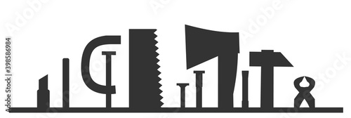 Carpentry works. Any kind of repair. Handyman services logo. A carpenter. Monochrome black silhouette. Home repairs. Shop of joinery. Wood foreman. Isolated.