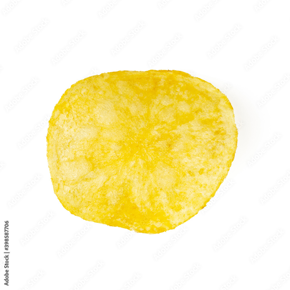 potato chips isolated on white background with shadow. One potato chips on a white plate close up potato chips isolated on white background with shadow. One potato chips on a white plate close up