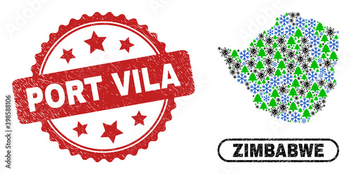 Vector Covid-2019 Christmas collage Zimbabwe map and Port Vila corroded seal. Port Vila stamp seal uses rosette shape and red color. Collage Zimbabwe map is created of random covid- 2019 virus, frost,