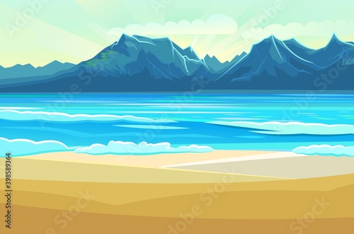 Seaside. Surf line. Sea and waves. On the horizon there is a rocky shore. Flat style illustration. Sand beach. Vector